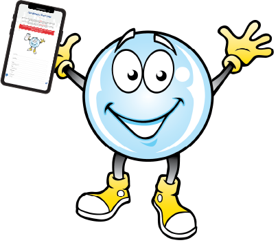 A cheerful cartoon character resembling a blue sphere with arms and legs, wearing yellow gloves and shoes, is holding up a tablet with a document displayed on the screen. The character has a big smile and expressive eyes.