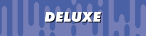 A rectangular graphic with a purple background featuring vertical, elongated oval shapes. In the center, the word "DELUXE" is written in bold, white, uppercase letters with a black shadow effect.