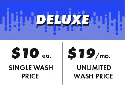 Advertisement for a car wash service. It offers a Deluxe package with a $10 price for a single wash and a $19 monthly fee for unlimited washes. The background features a blue design with vertical lines.