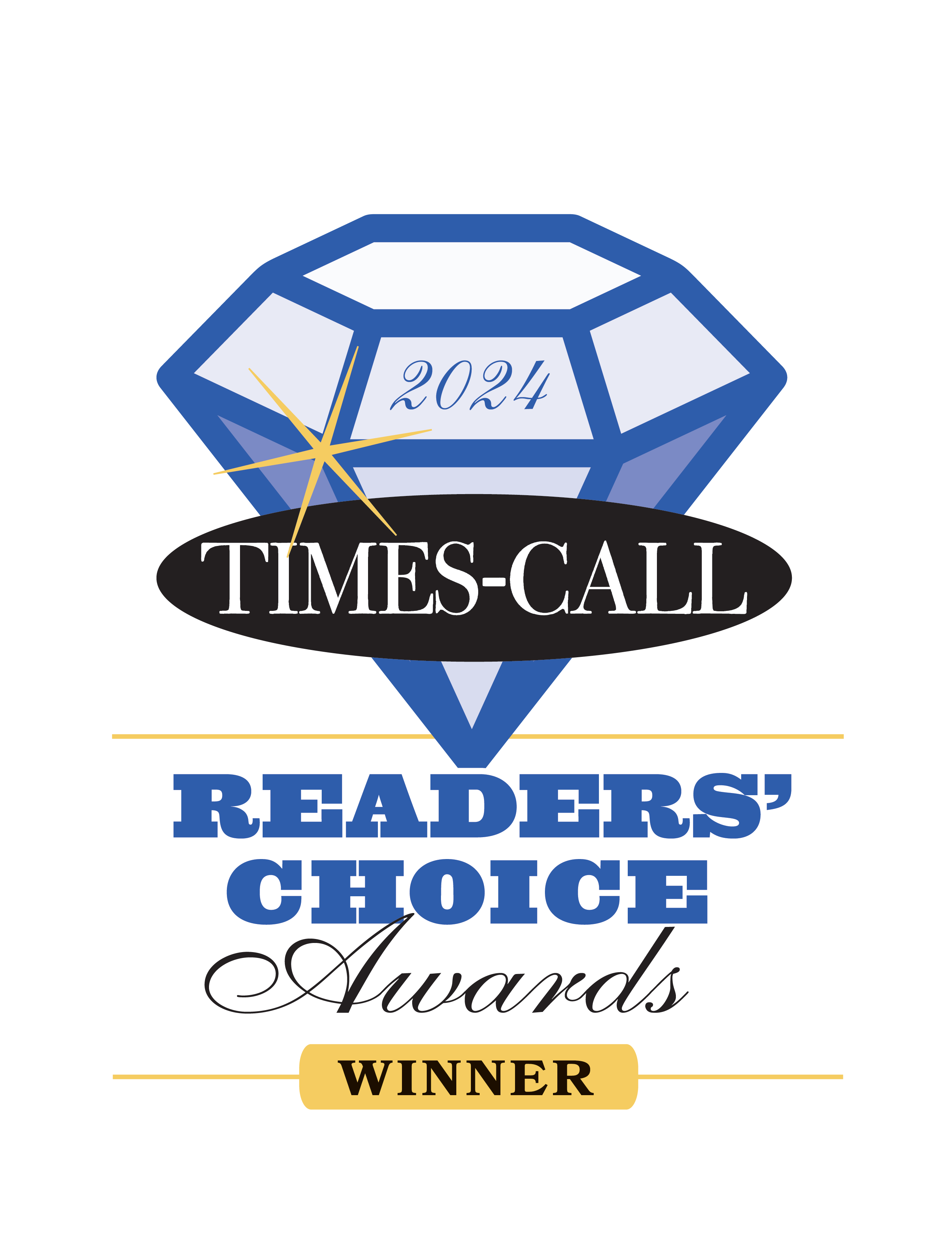 An award graphic featuring a blue diamond with "2024" inside, overlaid with a black oval containing "Times-Call." Below, bold blue text reads "Readers' Choice Awards" and a gold ribbon at the bottom says "Winner.