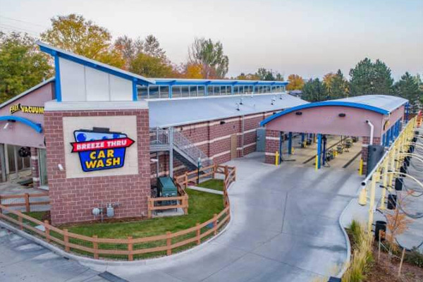 Exterior view of a car wash and car wash tunnel