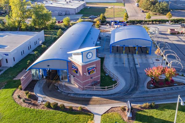 Exterior view of a car wash and car wash tunnel